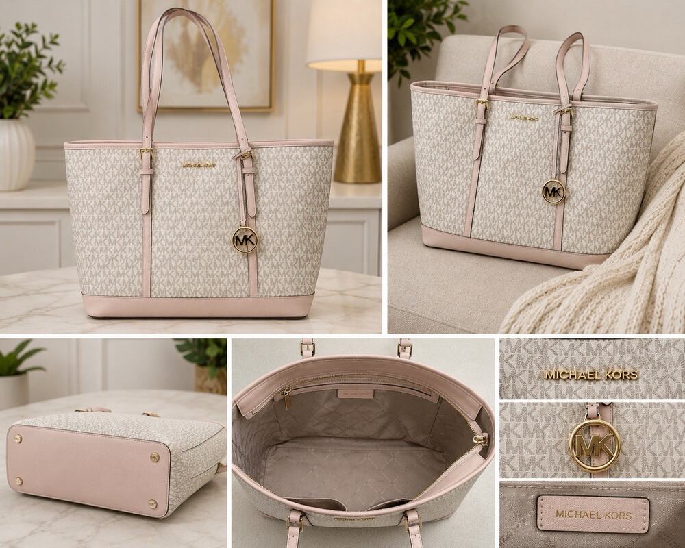 Michael Kors Jet Set Travel Large Signature Logo Tote Bag Vanilla Pink Gold